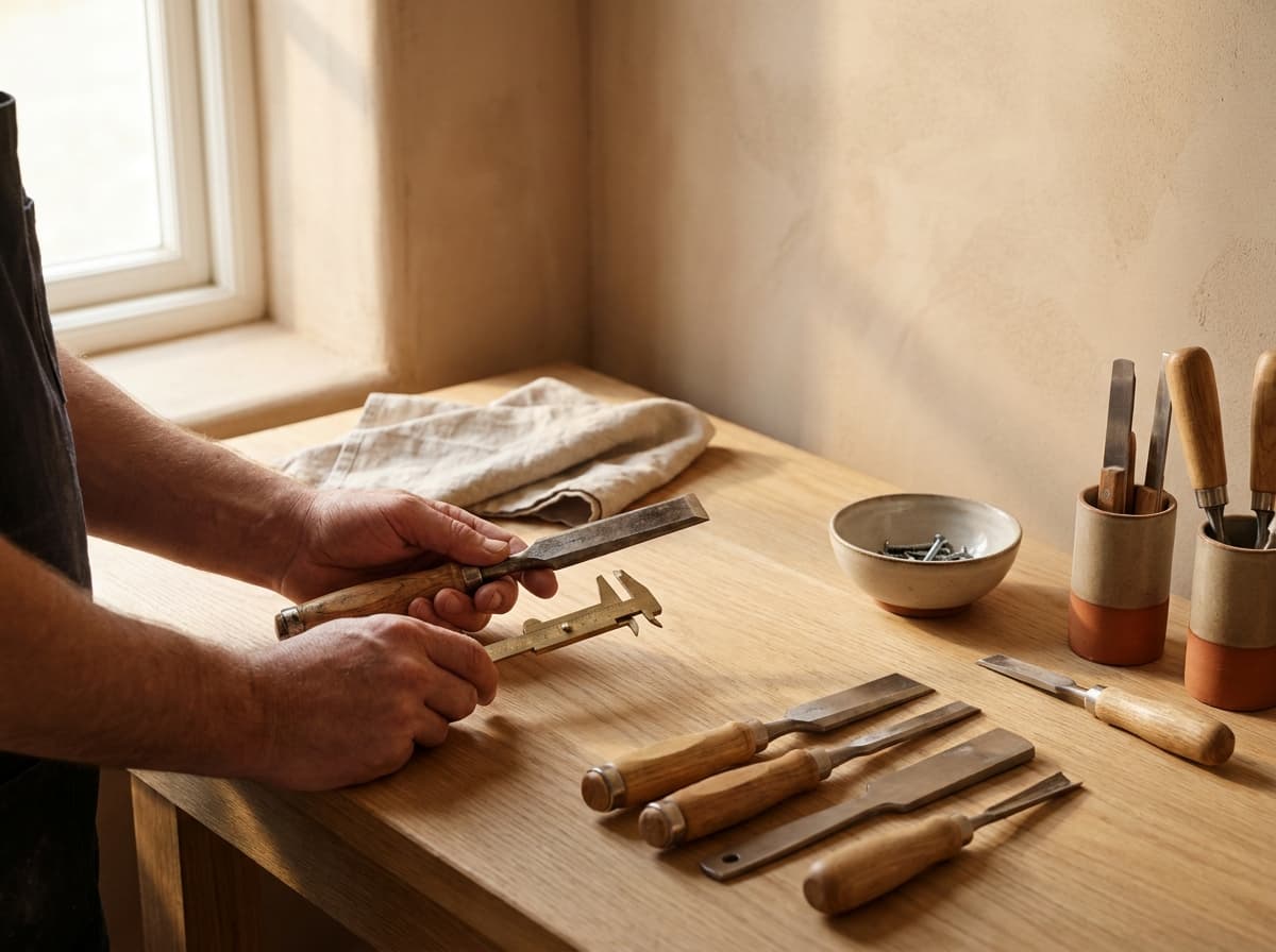 Outils professionnels d'un artisan disposés sur un établi — réseau Compas
