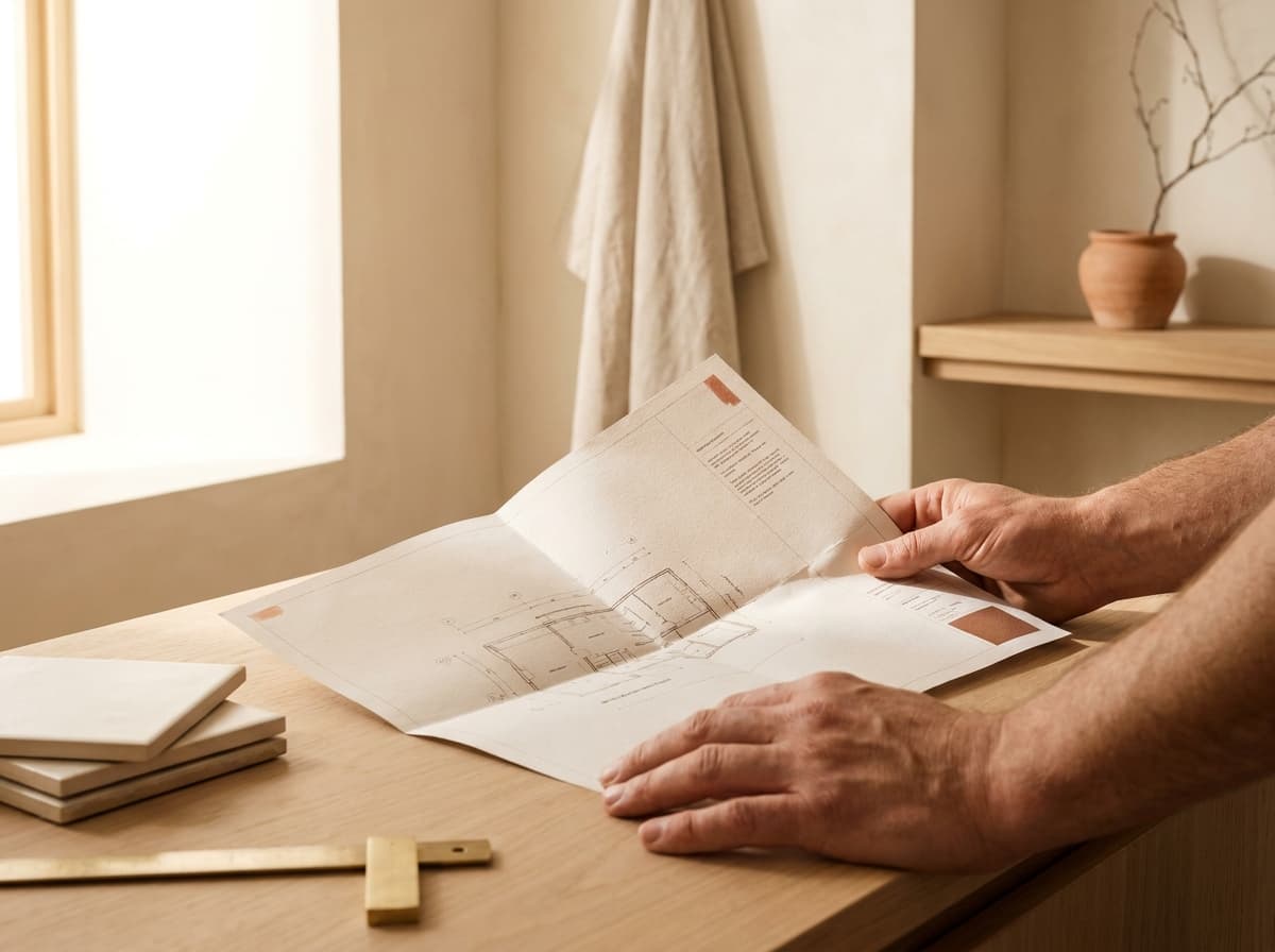 Artisan consultant une mission planifiée sur un chantier de rénovation — Compas