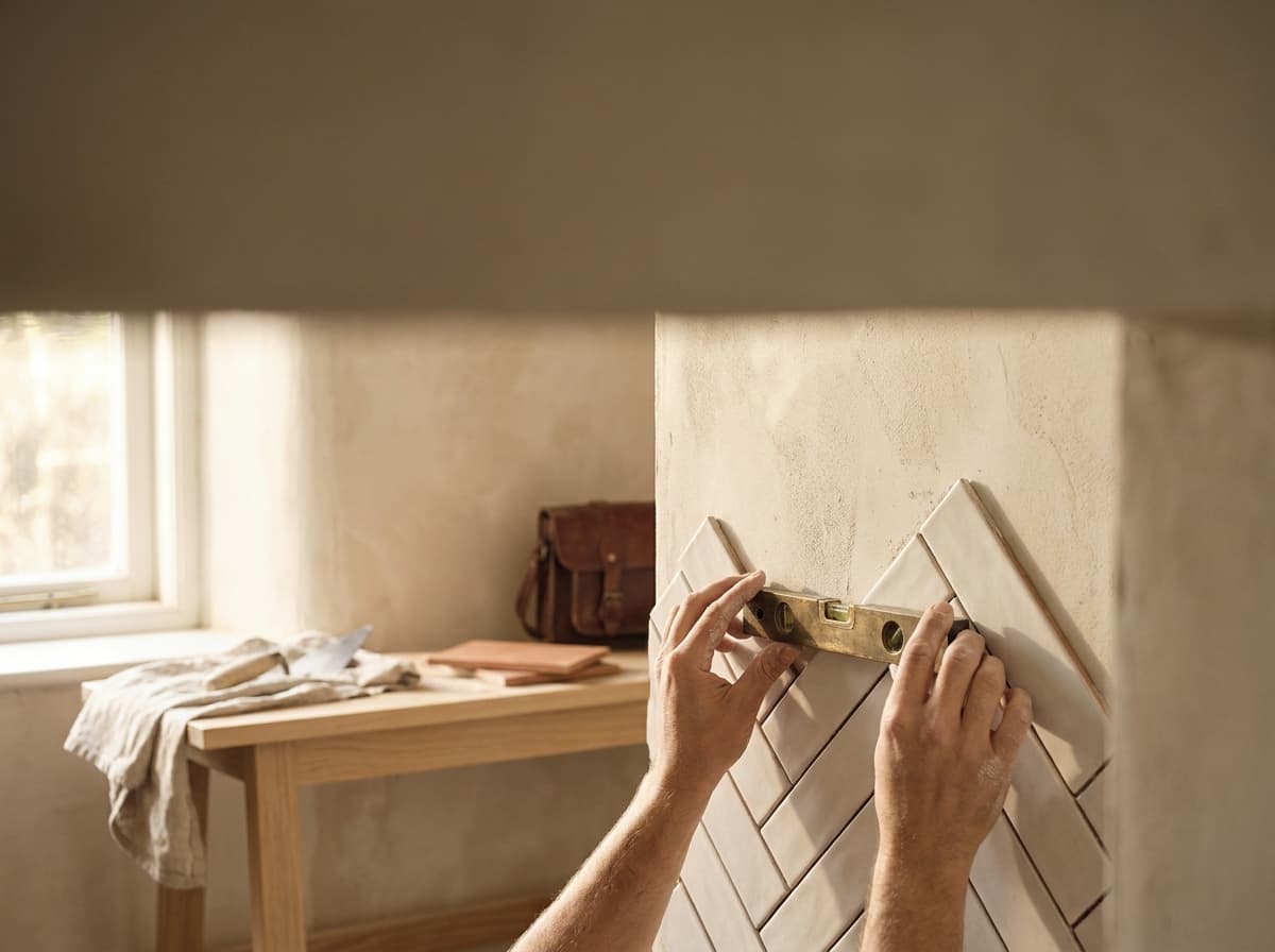 Pose de carrelage au niveau à bulle par un artisan qualifié — Compas