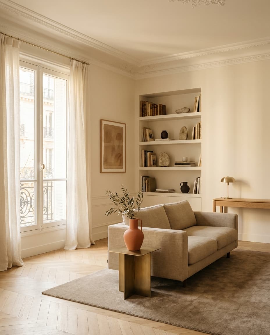 Séjour d'un appartement haussmannien rénové à Paris — parquet, moulures et lumière naturelle, Compas Rénovation